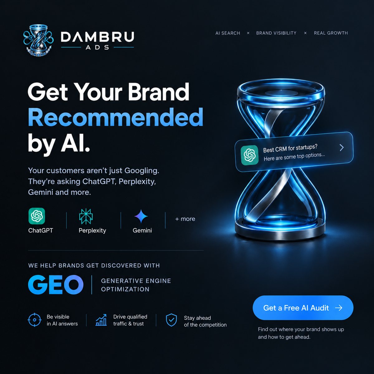 Dambru Ads campaign creative: Get your brand recommended by AI